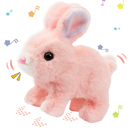 Hopearl Hopping Rabbit Interactive Electronic Pet Plush Bunny Toy with Sounds and Movements Animated Walking Wiggle Ears Twitch Nose Gift for Toddlers Birthday, Pink, 7''