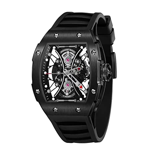 WISHDOIT Skeleton Quartz Mens Luxury Tonneau Watch Luminous 50M Waterproof Replica Watch for Men FKM Rubber Strap Sport Dress Casual Wristwatch