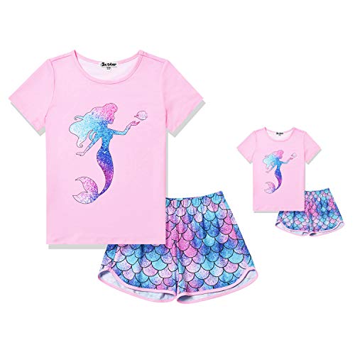 Jxstar Kids Mermaid Pajamas Matching Girls&Doll Summer Short Sleeve Pj Sets,Size 10 11