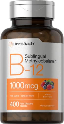 Horbäach Vitamin B12 Sublingual 1000 mcg | 400 Fast Dissolve Tablets | Methylcobalamin Supplement for Adults | Natural Berry Flavor | Vegan, Vegetarian, Non-GMO, and Gluten Free