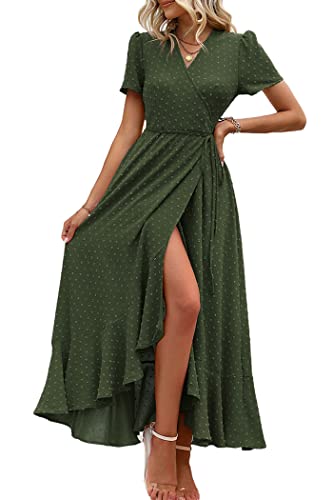 PRETTYGARDEN Women's Summer Wrap Maxi Dress Casual Boho Floral V Neck Short Sleeve Ruffle Hem Split Beach Long Dresses (Z_Army Green,Medium)