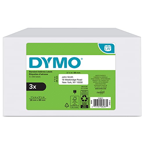 DYMO Authentic LW Mailing Address Labels for LabelWriter Label Printers, (1-1/8' x 3-1/2'), 3 Rolls of 350 (1050 Total)