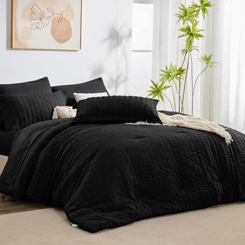 CozyLux King Seersucker Comforter Set with Sheets Black Bed in a Bag 7-Pieces All Season Bedding Sets with Comforter, Pillow Sham, Flat Sheet, Fitted Sheet, Pillowcase