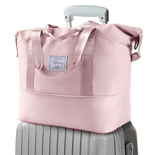 Travel Duffel Bag - Large Shoulder Weekender Overnight Bag, Carry on Bag with Wet Pocket, Waterproof Expandable Duffel Bag with Trolley Sleeve, Sports Tote Gym Bag for Women, Pink