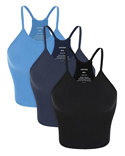 ODODOS Women's 3-Pack Seamless Cami Tops Ribbed Camisole Tank Top, Black Navy Blue, Medium/Large