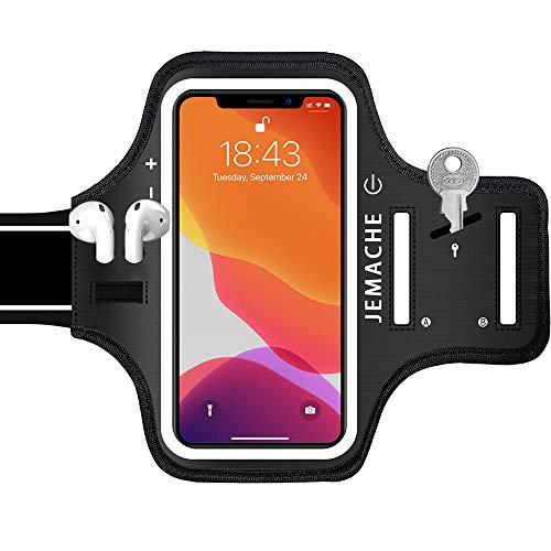 iPhone 15 14 13 12 11 Armband with AirPods Holder, JEMACHE Water Resistant Gym Running Workouts Arm Band for iPhone XR, 11, 12, 13, 14, 14 Pro, 15, 15 Pro (Black)
