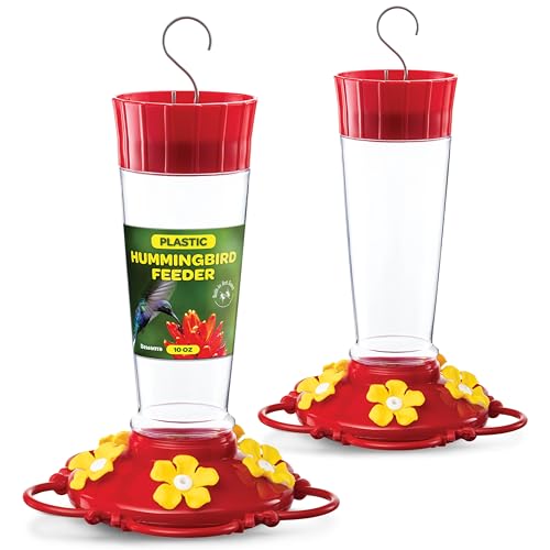 Hummingbird Feeder 10 oz [Set of 2] Plastic Feeders for Outdoors, with Built-in Ant Guard - Circular Perch with 5 Feeding Ports - Wide Mouth for Easy Filling/2 Part Base for Easy Cleaning
