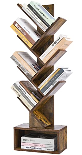 Hoctieon 6 Tier Tree Bookshelf, Tall Bookcase with Drawer, Freestanding Book Shelf, Display Floor Standing Storage Shelf, Book Organizer Shelves for Home Office, Rustic Brown