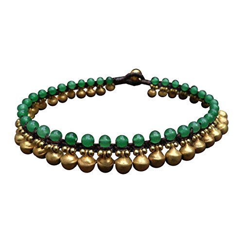Infinityee888 Trendy Fashion Anklet Green Jade and Brass Bell Ankle Bracelet 10 Inches Woven with Wax Cord Beautiful Handmade Hippie Bohemian Style