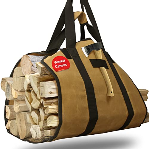 Cupohus Extra Large 2in1 Firewood Carrier Waxed Canvas Bag 44”x23”, Heavy Duty Log Holder Tote Bag with Handles and Shoulder Strap for Indoor Fireplace Wood Stove Accessories, Outdoor Camping (Khaki)