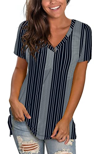 Womens Lightweight V Neck Tops Short Sleeve T Shirts Summer Black Striped XL