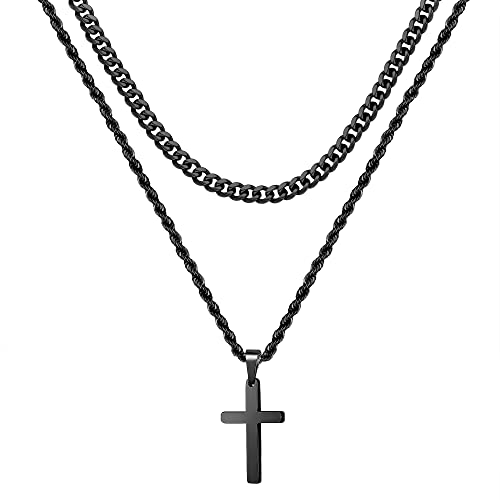 Cross Necklace for Men Boys, Mens Cross Necklace Stainless Steel Black Layered Rope Chain Jewelry Gifts Necklace for Men 20 22 Inch Mens Cross Necklace Gifts for Father Boyfriend Chains for Men