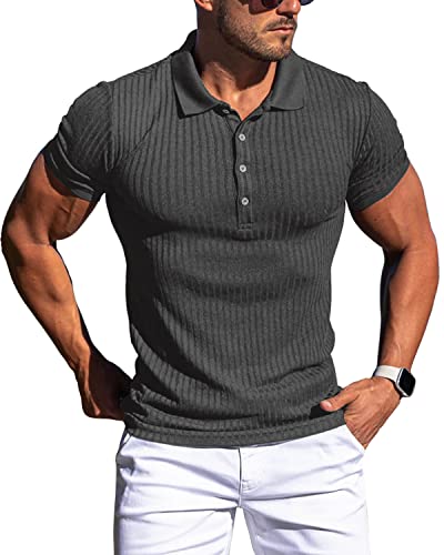 Muscle Polo Shirts for Men Slim Fit Short Sleeve Golf Shirts Men Dry Fit Shirts Casual Stylish Clothes Dark Grey