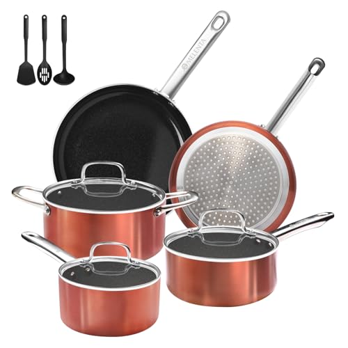 M MELENTA Pots and Pans Set Non Stick, 11pcs Ceramic Cookware Set, Non Toxic Induction Kitchen Cookware Sets, Nonstick Cooking Set with Oven Safe Handle, 100% PFOA Free, Copper