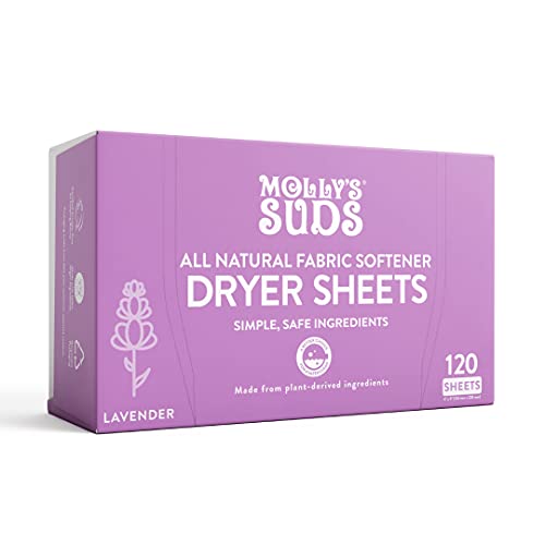 Molly's Suds Fabric Softener Dryer Sheets for Sensitive Skin | Plant-Based Static Reducer, Plastic-Free Packaging | Lavender (120 Sheets)