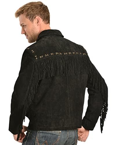 Men's Western Cowboy Leather Jacket Suede and Fringe Zipper Closure -Black (Large) (RP-786)