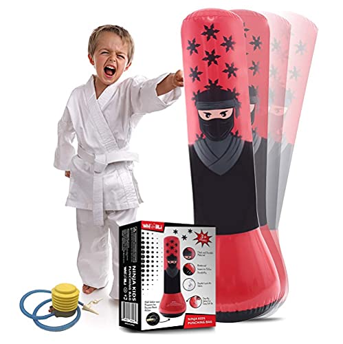 Whoobli Ninja Inflatable Kids Punching Bag, Inflatable Toy Punching Bag for Kids, Bounce-Back Bop Bag for Play, Boxing, Karate, Anger Management, Gift for 3-7 Years Old, Toys Age 3 4 5 6 7; New 2024