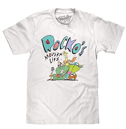 Tee Luv Men's Rocko's Modern Life Shirt - 90s Cartoon Cast T-Shirt (White) (XL)