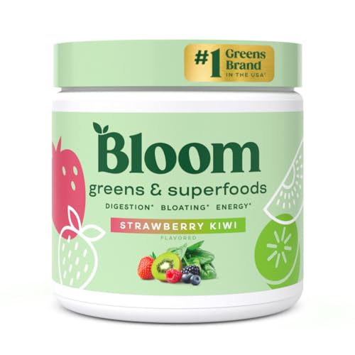 Bloom Nutrition Greens and Superfoods Powder for Digestive Health, Greens Powder, Digestive Enzymes, Probiotics, Spirulina, Chlorella for Bloating & Gut Support, Green Juice, 30 SVG, Strawberry Kiwi