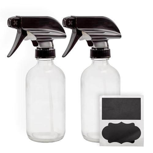 8-Ounce Clear Glass Spray Bottles (2-Pack); Boston Round Bottles w/ 3-Setting Adjustable Black Heavy Duty Sprayers & Chalk Labels