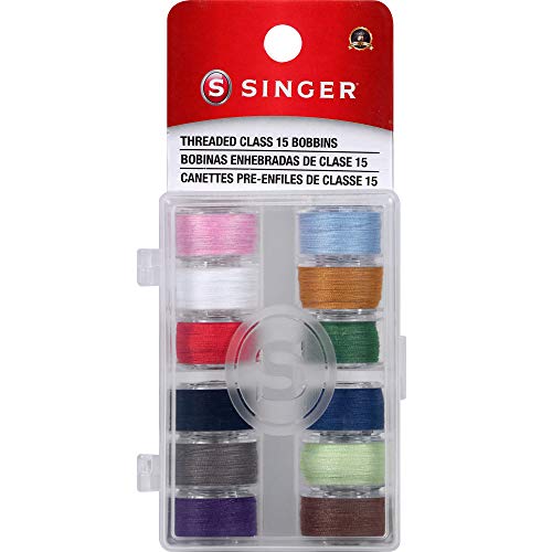 SINGER 21495 Class 15 Threaded Bobbins, Transparent, Assorted Colors, 12-Count,