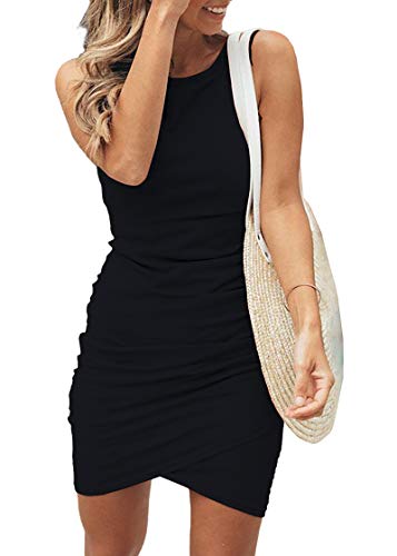 BTFBM Women Casual Dress Crew Neck Ruched Summer Sleeveless Tank Bodycon Shirt Short Mini Dresses (106Black, Large)