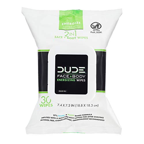 DUDE Wipes - Face and Body Wipes - 1 Pack, 30 Wipes - Wipes Infused with Energizing Pro Vitamin B5 - 2-in-1 Face & Body Wipes - Alcohol Free and Hypoallergenic Cleansing Wipes