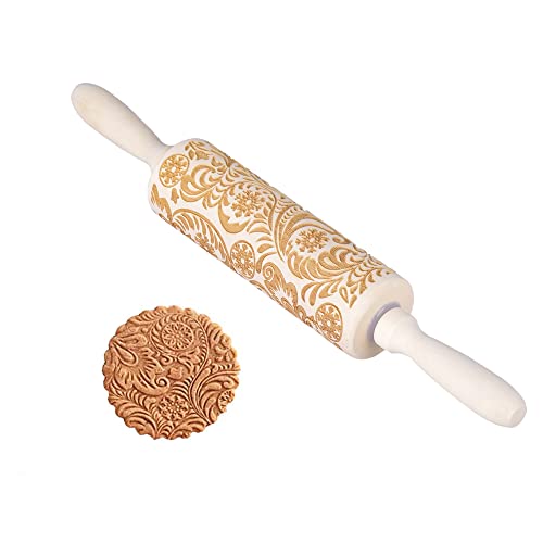 Wooden Embossing Rolling Pins with Designs for Baking, Engraved Rolling Pin with Pattern, Fondant Roller Snowflakes Christmas 3D