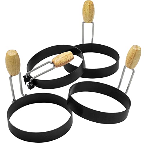 COTEY 3.5' Egg Rings Set of 4 with Wooden Handle, Large Ring for Frying Eggs, Round Mold for English Muffins - Griddle Cooking Shaper for Breakfast