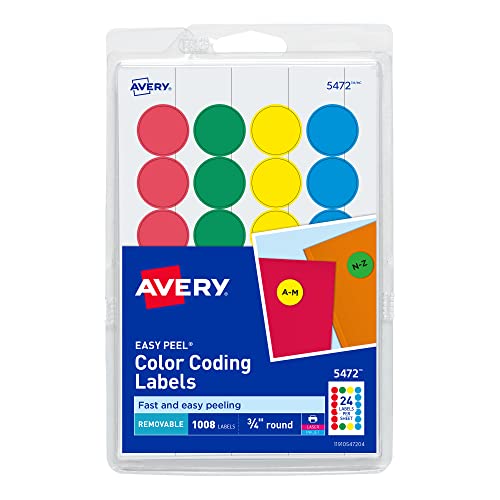 Avery Removable Color-Coding Labels, Removable Adhesive, Assorted Colors, 3/4' Diameter, 1,008 Labels (5472)