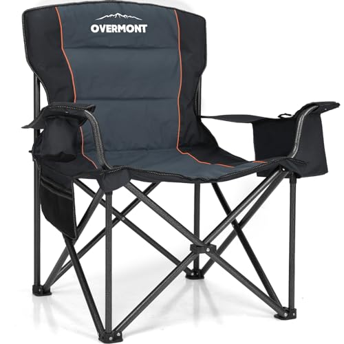 Overmont Oversized Folding Camping Chair - 450lbs Support with Padded Cushion Cooler Pockets - Heavy Duty Collapsible Chairs for Sports Garden Beach Fishing Black