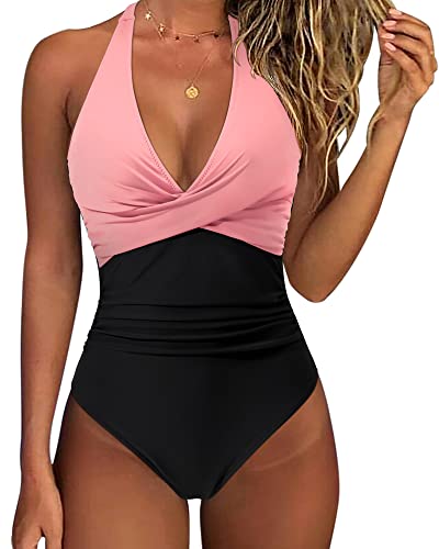SUUKSESS Women Sexy Tummy Control One Piece Swimsuits Halter Push Up Monokini Bathing Suits (Pink Black, L)