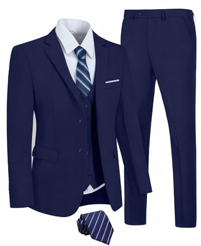 Mrkotyin Men Suits 3 Pieces Suit Set Slim Fit, Wedding Dress Suit for Men Formal Jacket Vest Pants Prom Tuxedo Navy-XXL