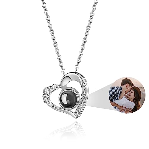 Easycosy Personalized Picture Necklace Projection Necklace with Photo Inside - Custom Photo Heart Pendant Necklace - Valentines Love Memorial Gifts for Girlfriend Wife Birthday Anniversary(Sliver)