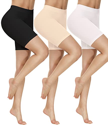 Yeblues 3 Pack Women Seamless Slip Shorts for Under Dress Smooth Boyshorts for Yoga/Bike/Workout (Black+Nude+White,L)