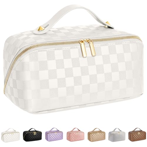 ALEXTINA Large Capacity Travel Cosmetic Bag - Portable Makeup Bags for Women Waterproof PU Leather Checkered Organizer Bag with Dividers and Handle,Toiletry Bag , White