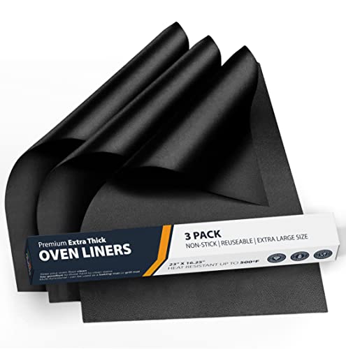 Oven Liners for Bottom of Oven - 3 Pack Large Heavy Duty Mats, 16.25”x23” Non-Stick Reusable Liner for Electric, Gas, Toaster Ovens, Grills - BPA & PFOA Free Oven Cleaning Kitchen Accessory (Black)