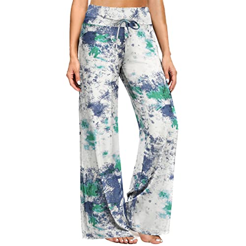 ZOOSIXX Women's Buttery Soft Pajama Pants | Floral Print Drawstring Casual Palazzo Lounge Pants Wide Leg | For All Seasons (B-sky Blue 2, XX-Large)