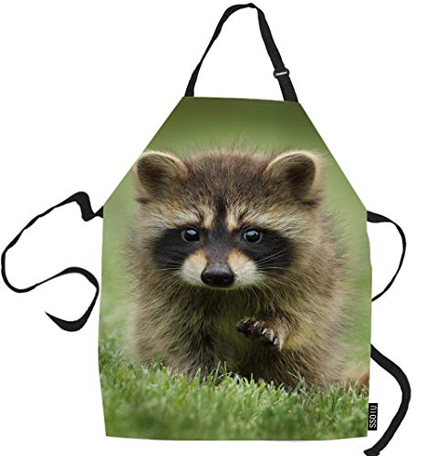 SSOIU Raccoon Cooking Apron, Raccoon Grass Muzzle Animal Walk Kitchen Apron For Baking/BBQ Men Women Unisex Waterproof 31X27 Inches