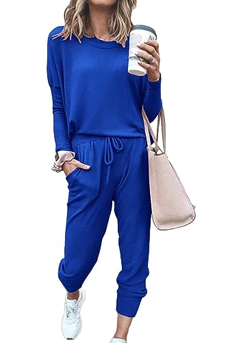 PRETTYGARDEN Women's 2024 Fall Two Piece Outfit Long Sleeve Crewneck Pullover Tops and Long Pants Tracksuit (Blue,Medium)