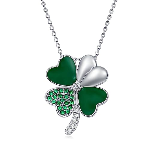 Luyona Clover Necklace St Patricks Day Irish Four Leaf Clover Shamrock Necklaces for Women 925 Sterling Silver Fashion Green Love Crystal Emerald Jewelry Christmas Gifts