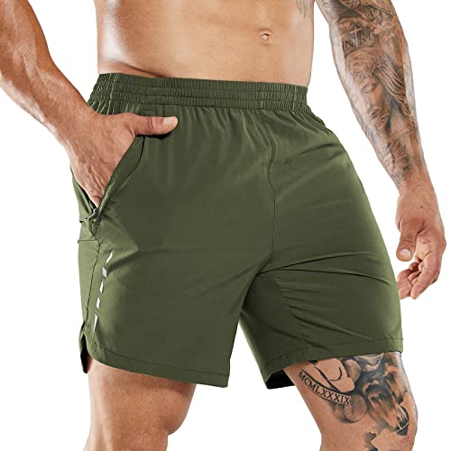 MIER Men's Running Shorts 7' Quick Dry Gym Athletic Workout Shorts with Zipper Pockets, Green, M