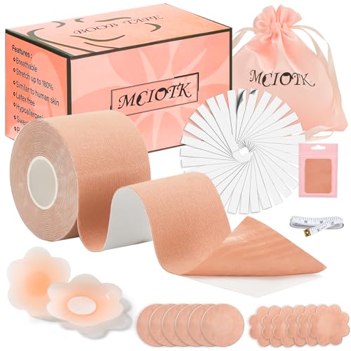 Mciotk Boob Tape Kit - Boobytape for Breast Lift w 1 Body Tape, 2 Pcs Silicone Breast Petals,12 Pcs Satin Nipple Stickers, 36 Pcs Double Sided Tape, BoobTape for Large Breasts A-G Cup