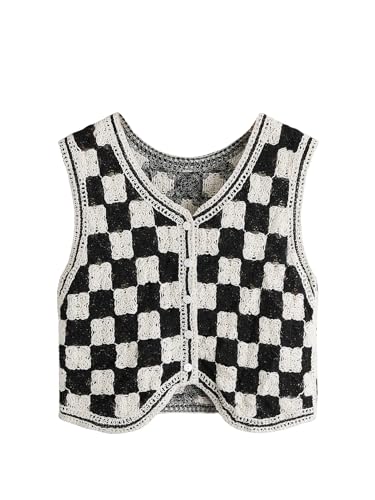 Verdusa Women's Button Front V Neck Sleeveless Checkered Knit Sweater Vest Black and White M