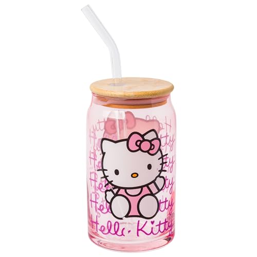 Silver Buffalo Sanrio Hello Kitty Glass Tumbler with Bamboo Lid and Glass Straw, 16 Ounces