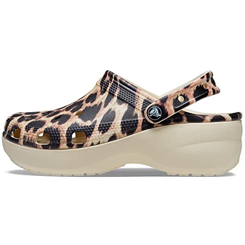 Crocs Women's Classic Graphic Platform Clogs, Platform Shoes, Bone/Leopard, 10 Women