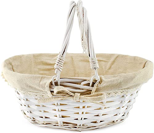 Cornucopia Wicker Basket with Handles (White-Painted), for Easter, Picnics, Gifts, Home Decor and More, 13 x 10 x 6 Inches