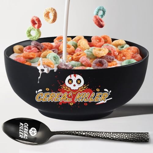 SHININGSOUL 33 OZ Large Ceramic Cereal Killer Cereal Bowl Set - 7'' Caliber Matte Black Bowl + Stainless Steel Cereal Killer Spoons - Great Gift Idea Father's day Birthday Retirement Gift Box