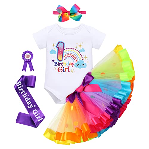 Boho Rainbow Baby Girl 1st Birthday Outfit First Birthday Party Cake Smash Set Romper Tutu Skirt Bowknot Headband Badge Sash 5pcs Set Halloween Carnival Costume Rainbow Cloud - 1st Birthday 1T