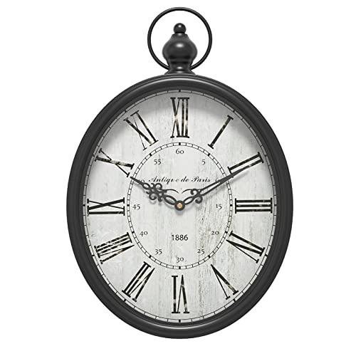 Menterry Oval Retro Wall Clock, Rustic Vintage Style, Black Antique Design, Battery Operated Silent Decor Large Wall Clocks for Kitchen,Farmhouse,Office (15.5' H x 10.5' W)